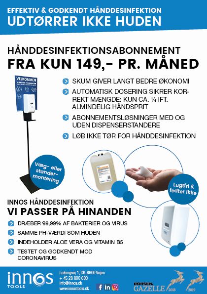 Abonnement på Innos Hånddesinfektion - abonnementsløsninger på desinfektionsvæske inkl. ét styk automatisk dispenser og stander